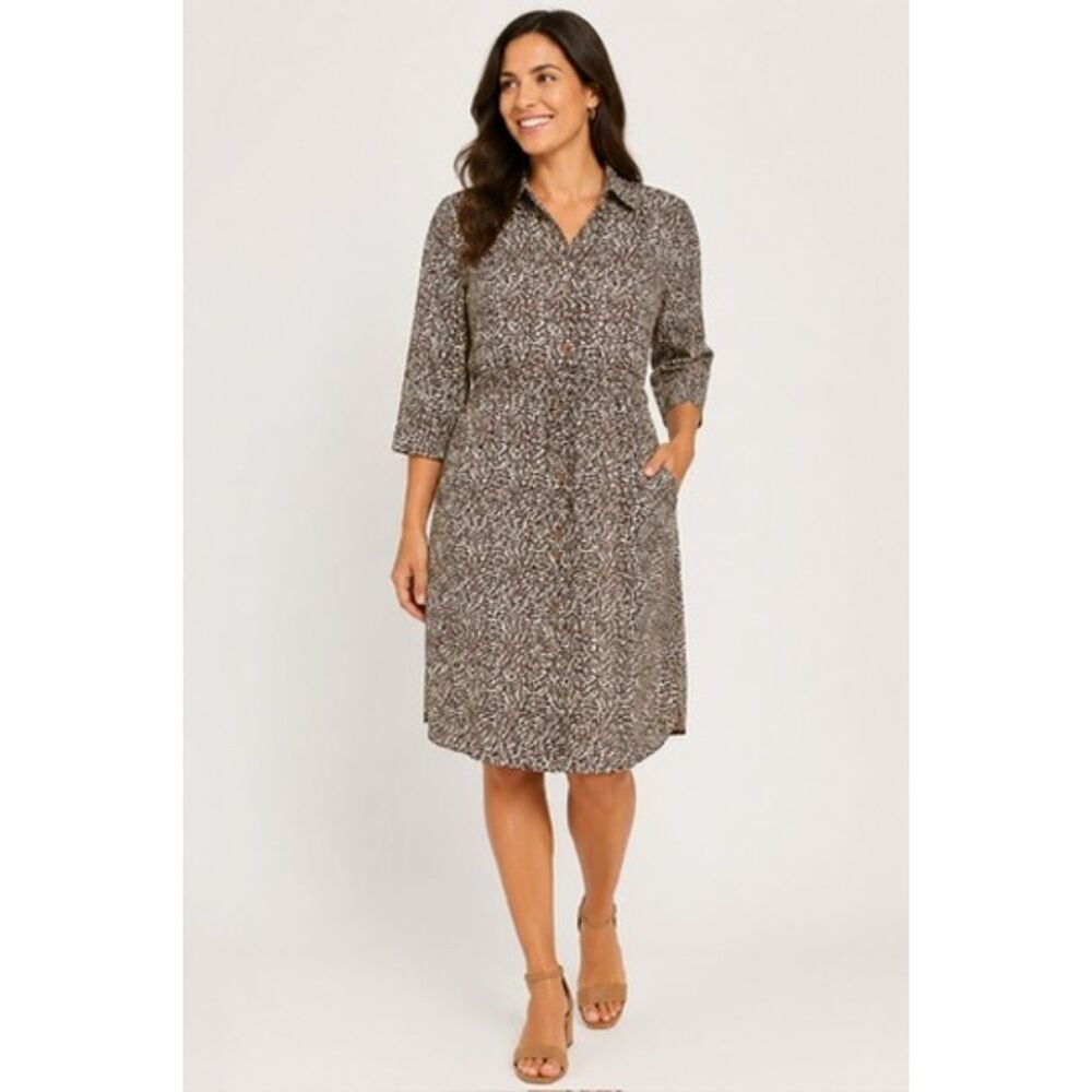 Casual Corner Women's Size 4 100% Silk Leopard Print Button Up Midi Shirt Dress